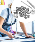 Person using tools from Stainless Steel Snap Button Kit 15mm 200 Pieces 50 Sets Built To Last Rustproof All Weather With Setting Tool Heavy Duty Press Studs For Canvas Leather Waterproof Fabrics.
