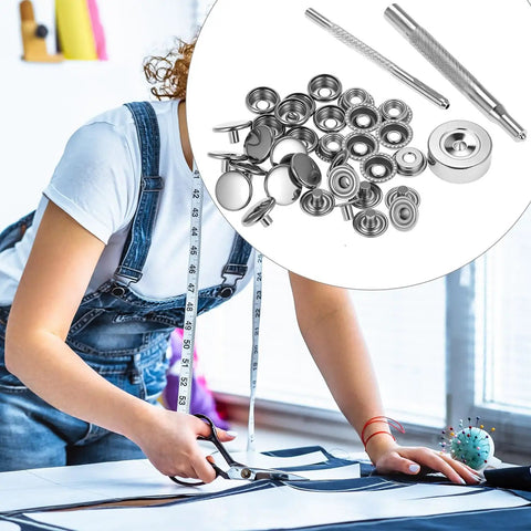 Person using tools from Stainless Steel Snap Button Kit 15mm 200 Pieces 50 Sets Built To Last Rustproof All Weather With Setting Tool Heavy Duty Press Studs For Canvas Leather Waterproof Fabrics.