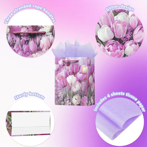 4 Pack 9 Inch Small Gift Bags With Handles, Floral Purple Tulip Design, Tissue Paper Included, Gift Bags for Any Occasion, showing bag features