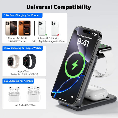 3 In 1 Magnetic Wireless Charging Station For iPhone Apple Watch And AirPods MagSafe Compatible Foldable Desk Stand