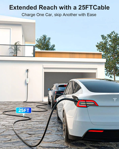 Straight Up Level 1 And Level 2 EV Charger Drops A Heavy Duty 25 Foot Cable Across Your Driveway, charging a Tesla.