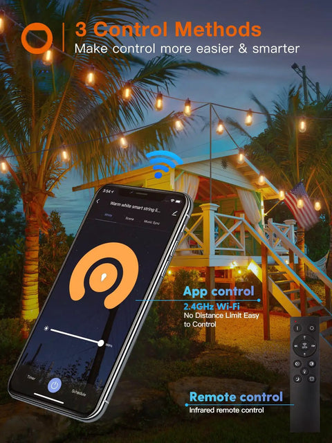 Smart Outdoor 25 Ft String Lights With App And Remote Control Music Sync Vibe Dimmable Edison Shatterproof Bulbs over patio