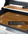 Three Burner Propane Gas Grill With Side Burner And Cabinet Storage, 39,000 BTU Backyard BBQ Grill With Porcelain Enamel Cast Iron Grates For Perfect Sear Marks And Even Heat, showing close-up of grill grates with dimensions.