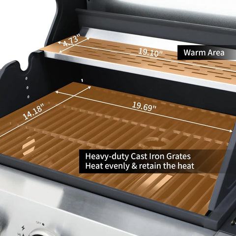 Three Burner Propane Gas Grill With Side Burner And Cabinet Storage, 39,000 BTU Backyard BBQ Grill With Porcelain Enamel Cast Iron Grates For Perfect Sear Marks And Even Heat, showing close-up of grill grates with dimensions.