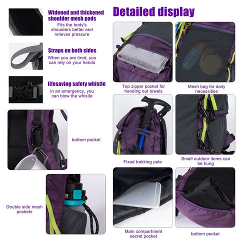 Detailed features of Ultralight 22L Waterproof Foldable Backpack for Hiking expanding 2 to 4L, showcasing pockets and attachments.