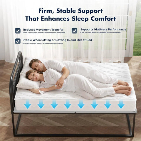 Queen Size Bunkie Board Gray 10mm Low Profile Base For 60X80 Inch Mattresses, couple peacefully sleeping on a stable mattress support.
