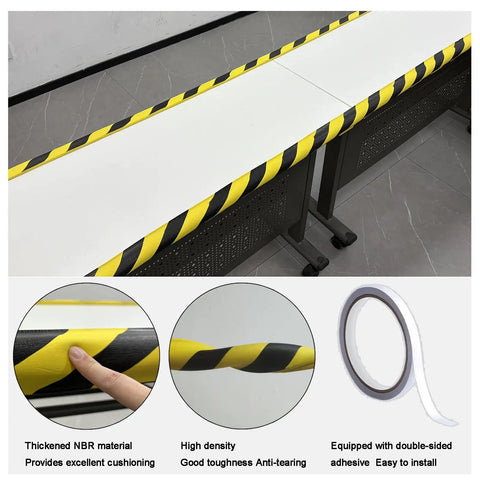 Heavy Duty U Channel Edge Corner Guard 197 Inch Yellow Black Self Adhesive NBR Foam Safety Tape on a table edge for protection.