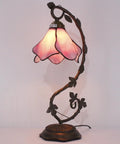 Pink Tiffany Style Stained Glass Table Lamp With Metal Leaf Base, cozy desk reading light for small spaces, 8x10x21 inch, UL listed