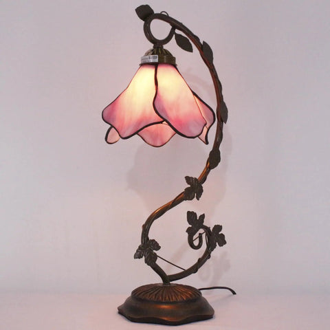 Pink Tiffany Style Stained Glass Table Lamp With Metal Leaf Base, cozy desk reading light for small spaces, 8x10x21 inch, UL listed