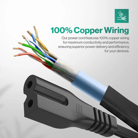 2 Prong Polarized 5Ft C7 Power Cord Replacement showing copper wiring and polarized plug for TVs, PS1, PS2, sewing machines, audio gear.