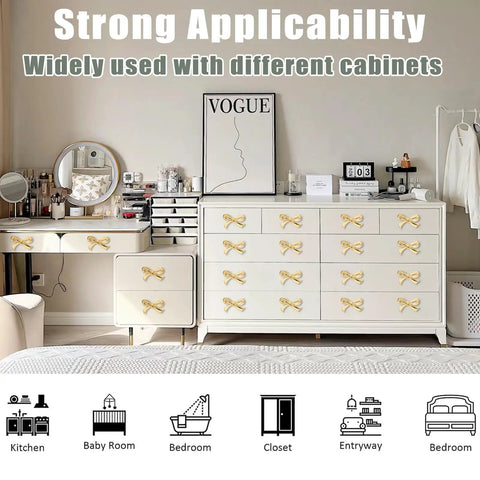 Room with white dresser and vanity featuring vintage bow shaped dresser knobs for desk wardrobe TV cabinet and bookcase.