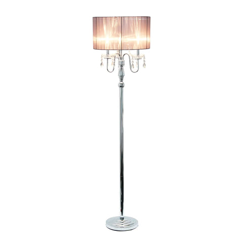 Romantic Cascading Crystal Floor Lamp With Sheer Drum Shade In Chrome Finish, White, Standing 61.5 Inches Tall With A 16.54 Inch Drum Shade, Uses 3X40W Candelabra Bulbs Not Included, A Modern Statement Piece That Turns Heads In Living Room Lighting