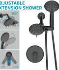 Shower System With 6 Mode Bathtub Handheld Showerhead And Rain Shower Combo in matte black with adjustable extension.