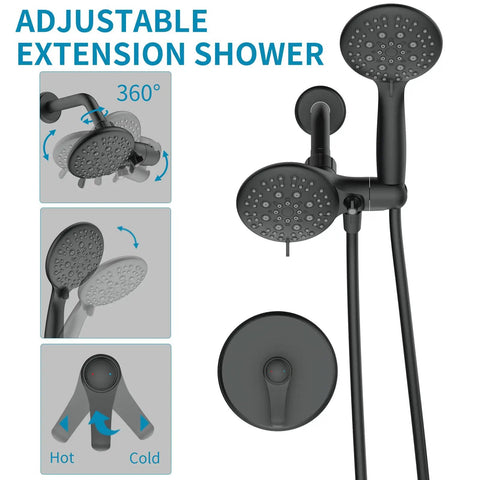 Shower System With 6 Mode Bathtub Handheld Showerhead And Rain Shower Combo in matte black with adjustable extension.