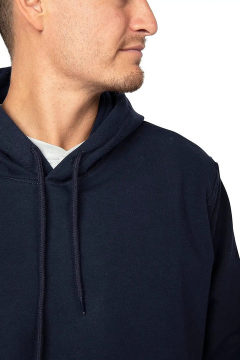 Hella Comfy Mens Flame Resistant Hoodie Sweatshirt With Heavyweight 12 5 Oz Fleece Pullover For Tough Industrial Job Site Work Wear Navy Cotton Acrylic Blend Meets Nfpa Atptv Hrc Safety Specs Xl Regular close up of hood and neckline