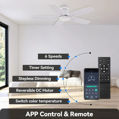 42 Inch Ceiling Fan With Light And Remote And App Control, Low Profile Flush Mount, white fan in modern room with remote and app display