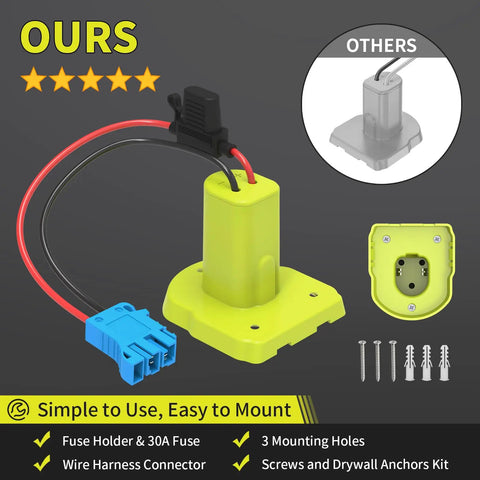 Power Wheel Battery Adapter For Ryobi 18V Battery With Wire Harness Connector, yellow adapter with blue connector and mounting screws