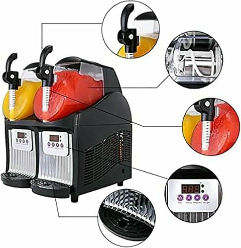 Pro Level Dual Tank Frozen Drink Maker And Slushie Dispenser with colors and dispensing nozzles for smoothies and ice cream.
