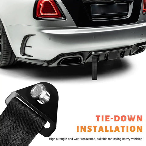 Beast Grade Heavy Duty Racing Tow Strap With Jdm Style Trailer Hook and Nylon Recovery Belt for Universal Front Or Rear Bumper Mounting, solid black installation.