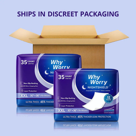 Heavy Duty Overnight Incontinence Bed Pads For Adults, 30 x 36 inches, 35 count pack with non-slip backing in discreet packaging.