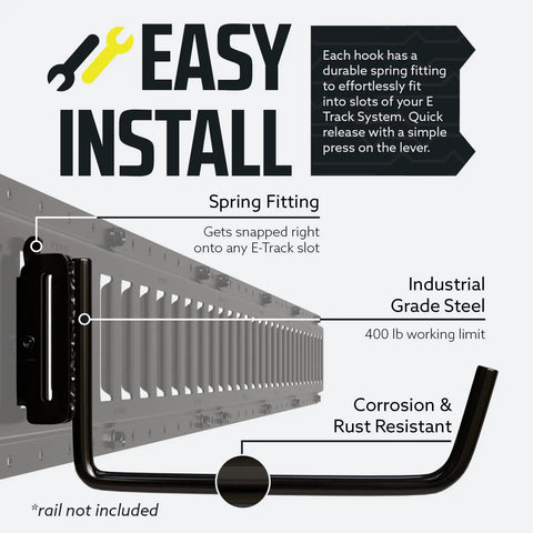 Diagram showing Extended Flat J Hook E Track Ladder Hooks 4 Pack with spring fitting and industrial steel material description.