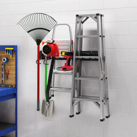 Garage Storage Wall Mount Organizer With 6 Tool Hooks And 2 Shelves holding tools and ladder, 32 inch heavy duty rack on white wall