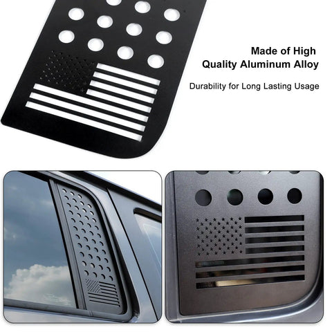 US Flag Aluminum Alloy Rear Door Window Decal Kit For Jeep Wrangler JL Unlimited 4 Door 2018 2019 2020 2021 2022 2023 2024 And Gladiator JT close-up view showing aluminum flag design
