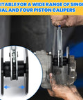 Mechanic using Universal Brake Caliper Press Tool Kit With 360 Degree Ratchet Piston Compressors on disc brake system