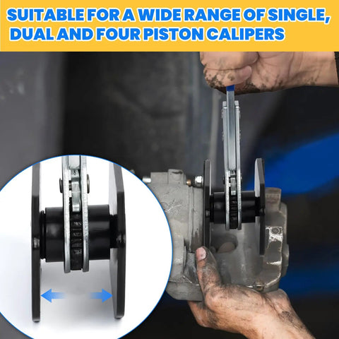Mechanic using Universal Brake Caliper Press Tool Kit With 360 Degree Ratchet Piston Compressors on disc brake system