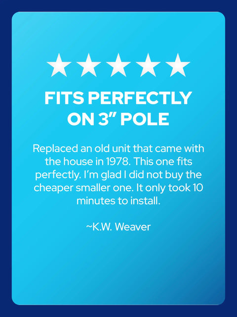 Customer review praising Outdoor Post Light Fixture Fits 3 Inch Lamp Posts With E26 Base Waterproof Lantern Anti Rust Durable.