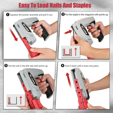 Top Tier 2 In 1 Cordless Electric Staple Gun And Brad Nailer Combo For Quick Woodworking and Home Fixes showing loading nails and staples.
