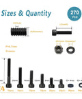 Heavy Duty Alloy Steel M4 Screw Kit 270 Pcs with hex socket head screws, bolts, nuts, washers in various sizes and specs chart