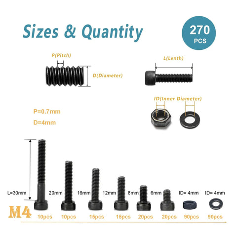 Heavy Duty Alloy Steel M4 Screw Kit 270 Pcs with hex socket head screws, bolts, nuts, washers in various sizes and specs chart