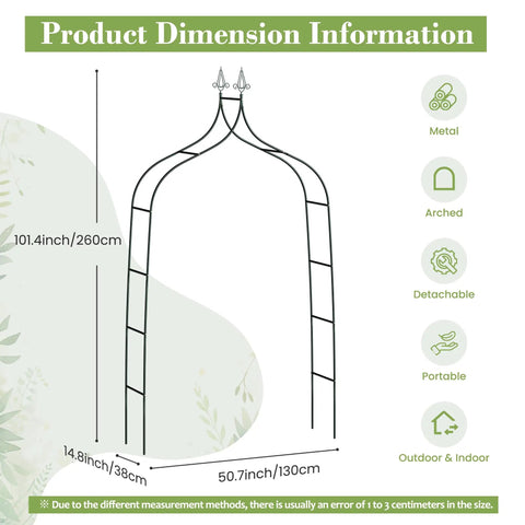 Illustration showing dimensions of Sturdy Metal Garden Arbor Frame Stand Arch Trellis For Climbing Plants And Wedding Backdrop Outdoor Decor