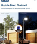 300W LED Parking Lot Light with 39,000 Lumens at 5000K daylight, dusk to dawn photocell feature, day and night view.