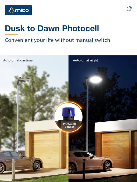 300W LED Parking Lot Light with 39,000 Lumens at 5000K daylight, dusk to dawn photocell feature, day and night view.