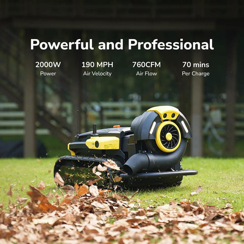 Front view of All Season Yard Master 4 In 1 Modular Robot for lawn and leaf blowing, showing power and specs outdoors.