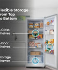 14 Cu Ft Convertible Upright Freezer And Refrigerator In Warm White Panel Featuring Hassle Free Mode Switch Flex Config Layout And Ample Shelving For Snacks And Beverages with glass shelves and storage drawer.