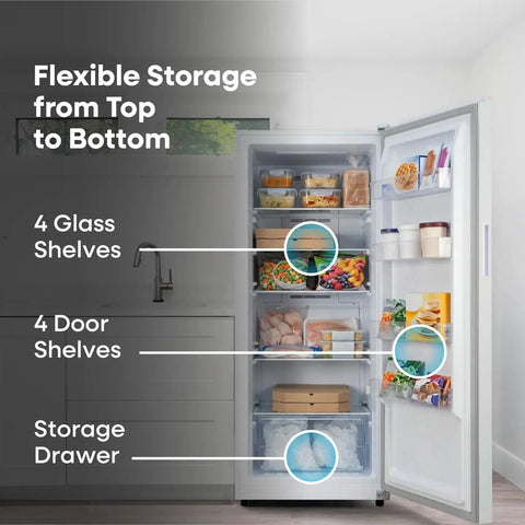 14 Cu Ft Convertible Upright Freezer And Refrigerator In Warm White Panel Featuring Hassle Free Mode Switch Flex Config Layout And Ample Shelving For Snacks And Beverages with glass shelves and storage drawer.