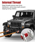 Set Of Five Three Eighths D Ring Anchor Shackles Galvanized Screw Pin Heavy Duty Tow Strap And Winch Ready Beefy Deep Thread Load Safe Design For Traction Vehicle Recovery 1 Ton Working Load Limit in use on vehicle with close-up of deep threads