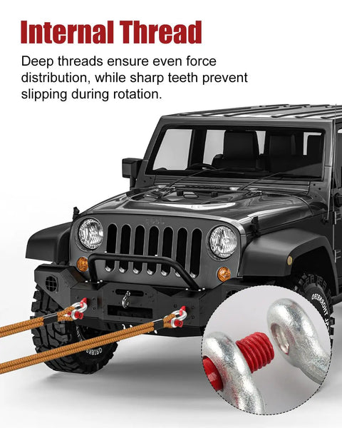 Badass 10 Pack 3/8 Inch Galvanized Steel Shackles Bundle Packed With Deep Thread D Ring And Clevis Hooks Made Tough Enough For Serious Towing Rigging And Daily Grind Tasks showing internal thread design on front of a Jeep.