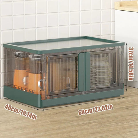 Heavy Duty Foldable Storage Cubes With Snap Lock Lids And Smooth Swivel Wheels For Tight Closet Fits Pantry Organization And Garage Haulers Solid Plastic Tote Set, shown in a kitchen setup.