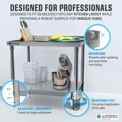 Pro Grade Heavy Duty Stainless Steel Prep Table 24 By 36 Inches With Undershelf And Backsplash NSF Certified Food Safe