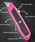 Two Pack Retractable Box Cutter Knife Set With Metal Body Heavy Duty Utility Knives For Cardboard Box Opening Packaging And Craft Projects Durable Steel Build pink knife with aluminum shell, SK5 blade, and hanging hole