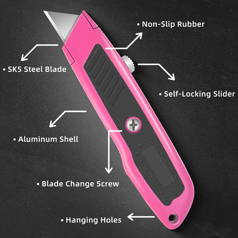 Two Pack Retractable Box Cutter Knife Set With Metal Body Heavy Duty Utility Knives For Cardboard Box Opening Packaging And Craft Projects Durable Steel Build pink knife with aluminum shell, SK5 blade, and hanging hole