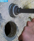 DKIBBITH 4-inch concrete hole saw (102 mm) with SDS Plus shank drilling into concrete wall.