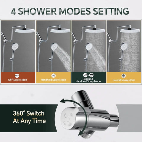 Rain Shower Head With Handheld Combo 10 Inch High Pressure Rainfall Sprayer Set modes with switch overview.