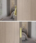 Top Notch Flush Pocket Door Handle Featuring Easy Press Pop Action Sleek Satin Brass Finish mounted on a wooden door.