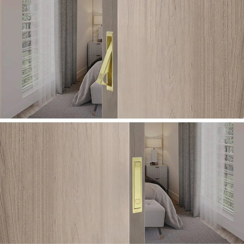 Top Notch Flush Pocket Door Handle Featuring Easy Press Pop Action Sleek Satin Brass Finish mounted on a wooden door.