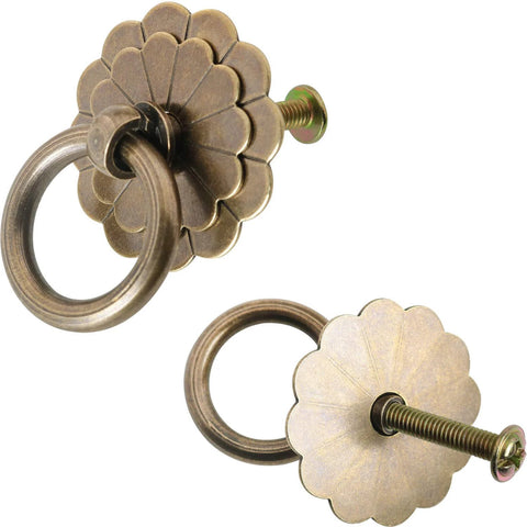 Close-up of two Six Pack Vintage Style Brass Ring Pulls Set 2.5 Cm Ring Diameter With 0.87 Inch Screws, solid brass, rust resistant.